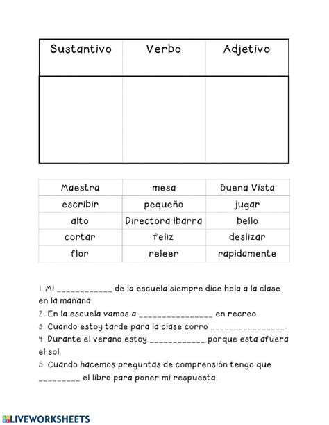 Verbos Sustantivos Adjetivos Ficha Interactiva Elementary Spanish