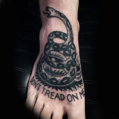 Guys Dont Tread On Me Text And Coiled Snake Foot Piece In Black Ink