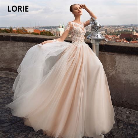 Lorie Long Sleeve Tulle Wedding Dresses Lace Appliques Beach Bridal Gown 2020 Blush Boho