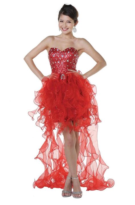 High Low Strapless Red Sequin Organza Ruffle Prom Dress Removable Skirt