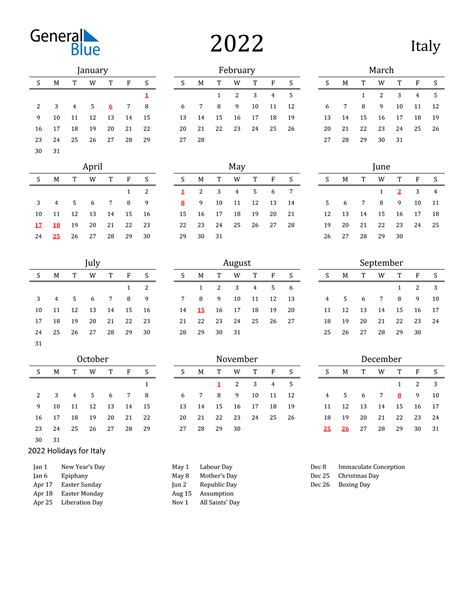 2022 Italy Calendar With Holidays