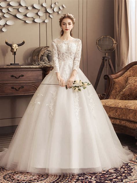 Ivory Wedding Dresses Lace Applique Jewel Neck 34 Length Sleeve