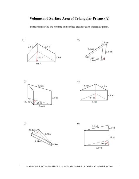 Volume And Surface Area Of Triangular Prisms A Measurement Worksheet