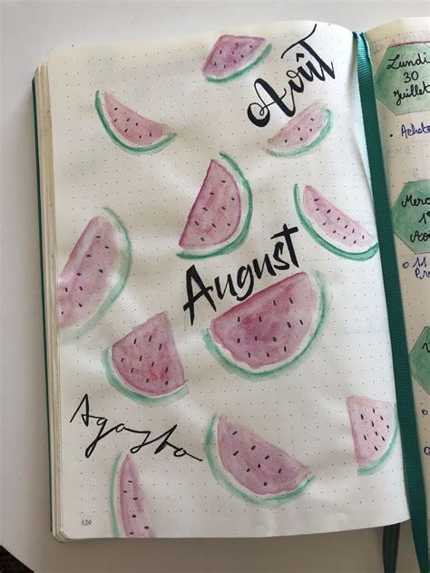 Mes pages essentielles + comparaison de mes deux carnets. Page de garde - mois d'Août - pastèques 🍉 watermelon ...