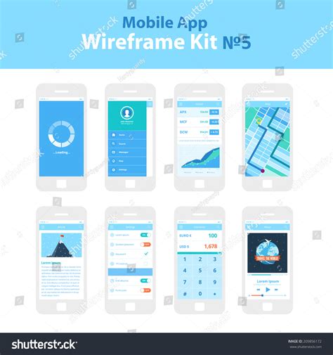 Mobile App Wireframe Ui Kit ?5. Loading Screen, Sidebar Screen, Stocks Screen, Map Screen 