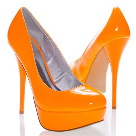 Qupid Neon Orange Shiny Patent Leather Platform High Heel Stilettos