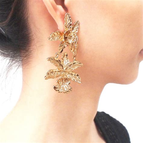 India Metal Flower Dangle Earrings Luxury Gold Color Big Statement
