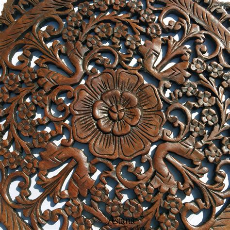 2round Wood Carved Floral Wall Art Asian Wood Wall Panelsfloral Wall