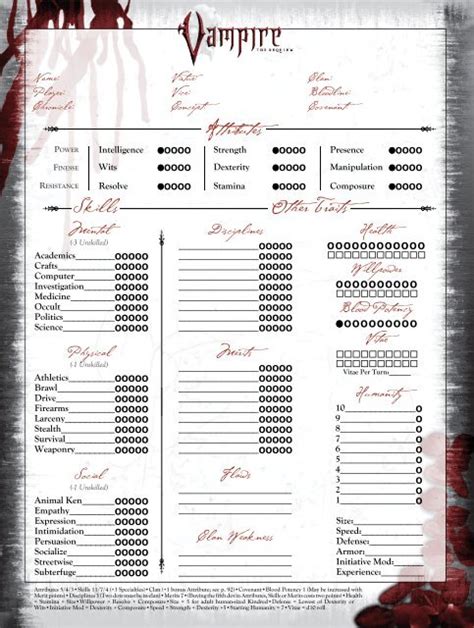 Form Fillable Character Sheets Vampire The Requiem Printable Forms