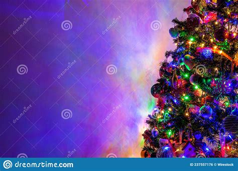 Beautifully Decorated Christmas Tree With Illuminated Lights Stock