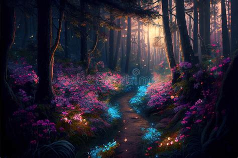 Fantasy Forest At Night Glowing Flowers And Lights Generative Ai