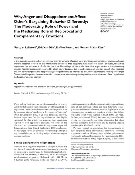 Pdf Why Anger And Disappointment Affect Other S Bargaining Behavior Differently The