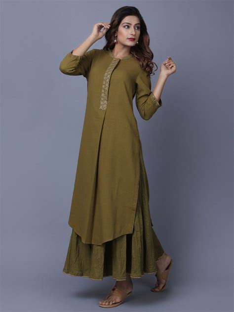 Buy Olive Green Khadi Cotton Embroidered Kurta Online At Theloom