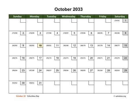 October 2033 Calendar With Day Numbers