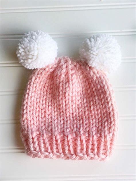 Knit Baby Beanie Newborn Double Pompom Hat Toque Handmade Etsy Baby