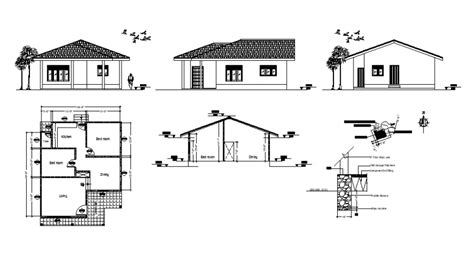 2d View Drawings Of Single Story House Plan Elevation And Section In