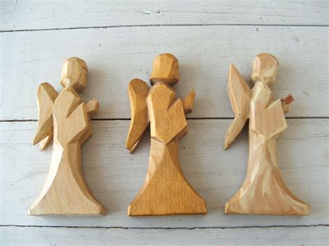 3 Vintage Hand Carved Wooden Christmas Angels Primitive Carolers Wood
