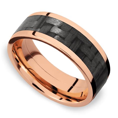 Flat Carbon Fiber Inlay Mens Ring Rose Gold V1 