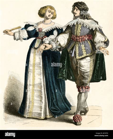 Fashionable European Couple Of The 1600s Hand Colored Print Stock