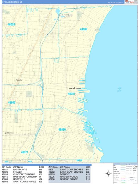 St Clair Shores Michigan Zip Code Wall Map Basic Style By Marketmaps