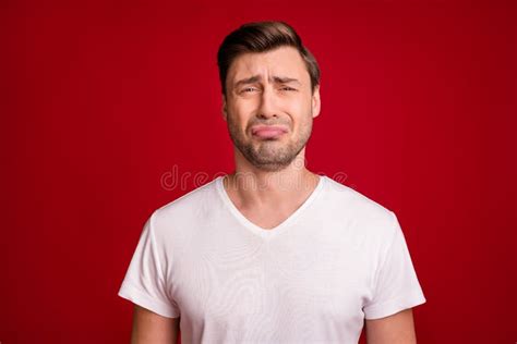 Photo Portrait Of Sad Guy Crying Unhappy Grumpy Bad Mood Isolated Vivid