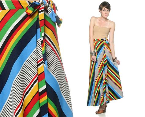 Rainbow 70s Maxi Skirt Striped Wrap 1970s Hippie Boho High Etsy
