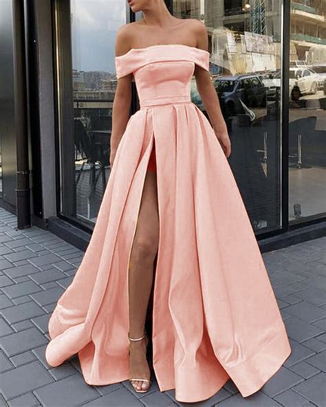 Elegant A Line Satin Peach Color Long Prom Dress Off The Shoulder Slit