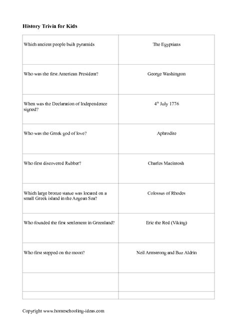 History Trivia For Kids Worksheet For 4th 7th Grade Lesson Planet
