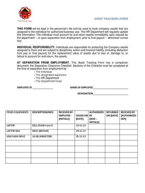 Asset Tracking Form For Employees Pdf