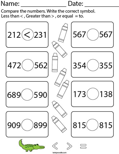 Greater Than Less Than 3 Digit Numbers Worksheet