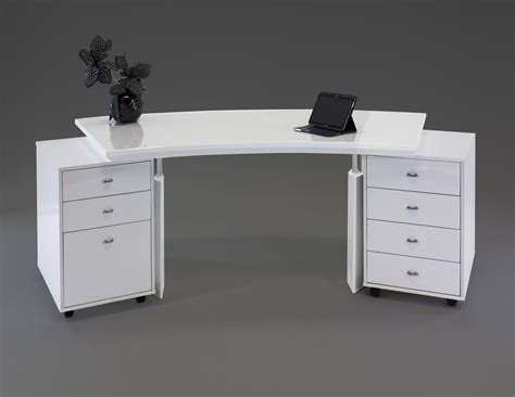 Modern Curved White Lacquer Executive Desk With Two Mobile Files