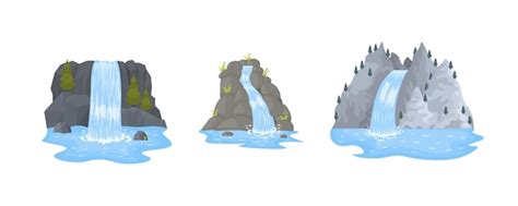 山脈の滝。岩と水。池と湖。自然の風景。漫画フラットイラストスタイル 無料のベクター