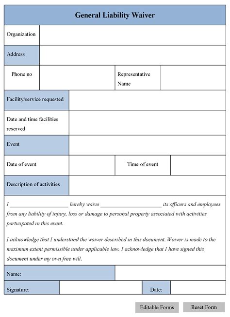 General Liability Waiver Form Editable PDF Forms