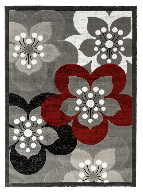 Newport Collection Gray Burgundy White Floral Modern Area Rug