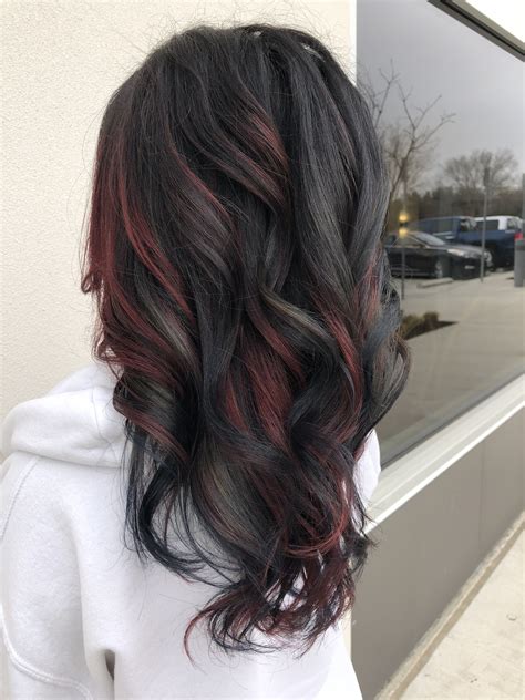 Blue And Red Color On Dark Brown Hair Brown Hair Balayage Black Red