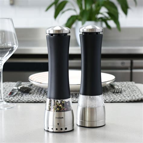 Premium Electric Stainless Steel And Black Salt And Pepper Mill Set 21cm