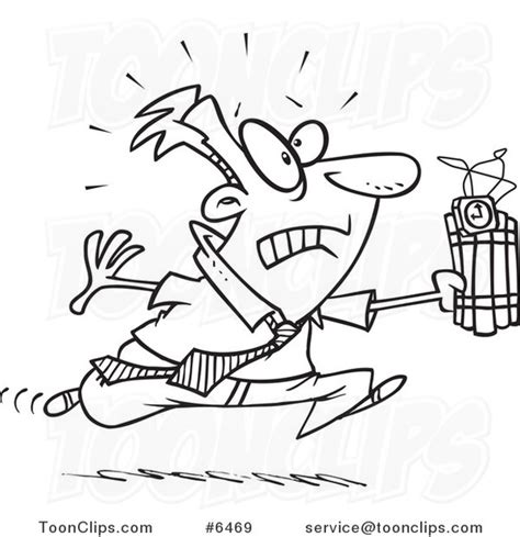 Cartoon Black And White Line Drawing Of A Business Man Running With