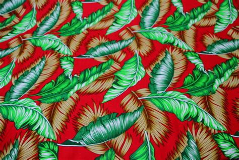 Greens And Tans Palm Leaves On Red Rayon Backstreet Bargains