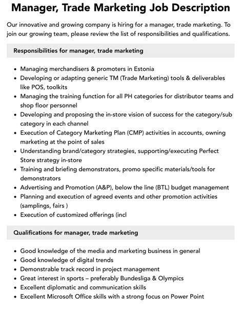 Manager Trade Marketing Job Description Velvet Jobs