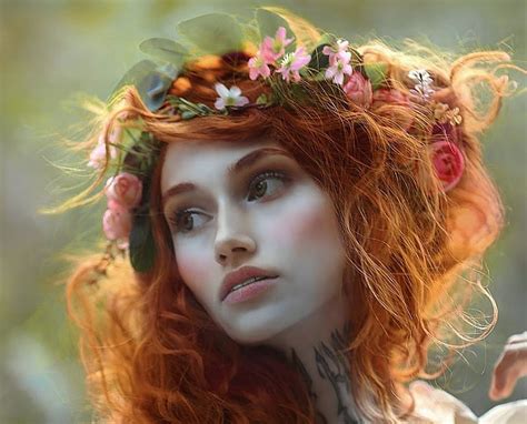 beauty wreath redhead girl model flower face a m lorek woman hd wallpaper peakpx
