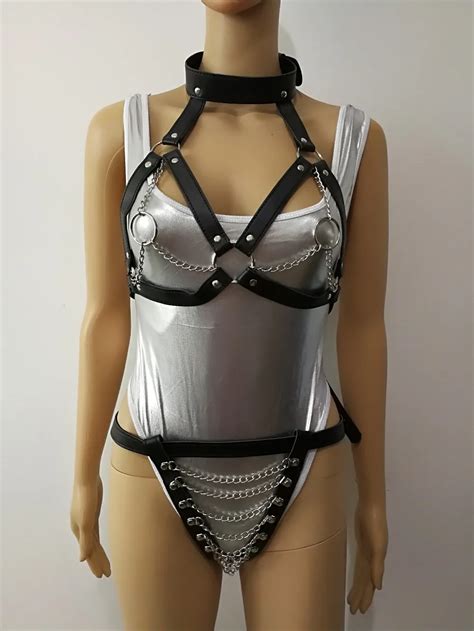 new arrival b757 women leather harness silver body chains sexy slave bra jewelry leather