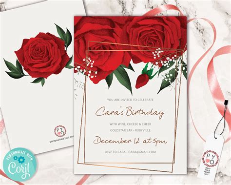 Watercolor Red Roses Birthday Invitation Printable Template Any Age