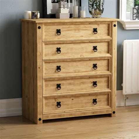 Corona 5 Drawer Rustic Chest Mexican Solid Waxed Pine Storage Bedroom