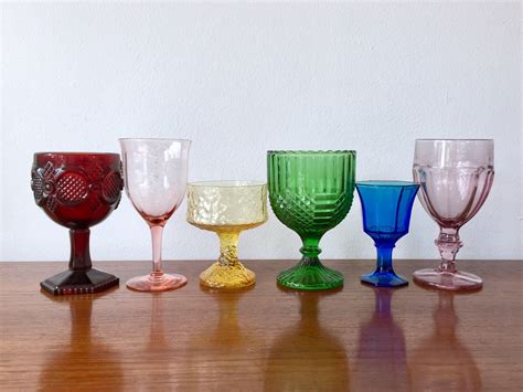 Rainbow Glass Goblet Set Of 6 Vintage Colored Glass Set Etsy Glass Set Rainbow Glass