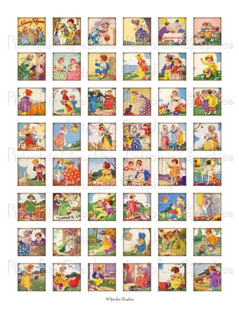 Vintage Nursery Rhymes Digital Collage Sheet Of One Inch Squares