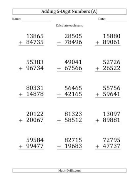 Addition Of 5 Digit Numbers Worksheets