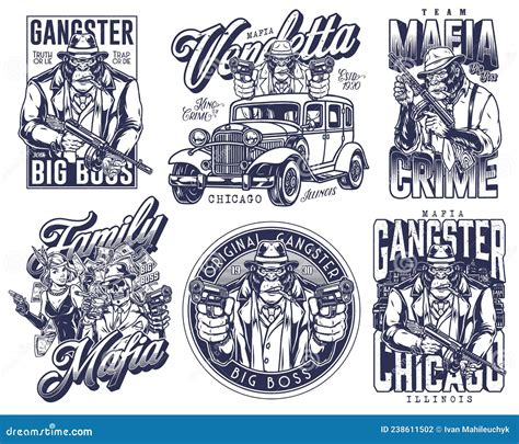 Gangster Monochrome Labels Badges Emblems And Design Elements Set