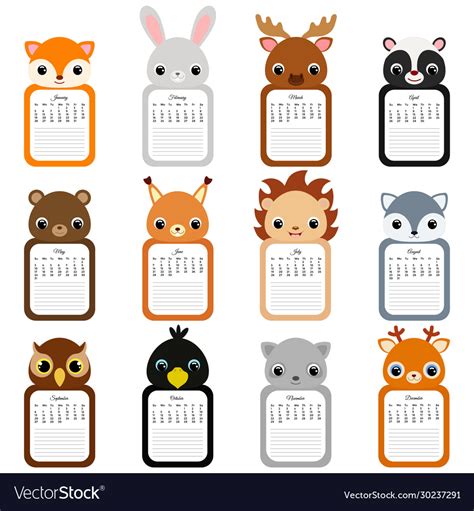 Cute Monthly Animals Calendar 2020 With Notes Vector Image