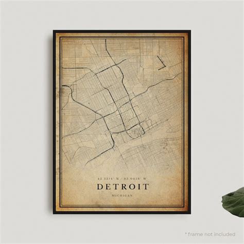 Detroit Vintage Map Poster Wall Art City Artwork Print Etsy