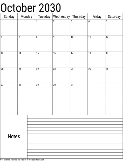 October 2030 Vertical Calendar With Notes Handy Calendars